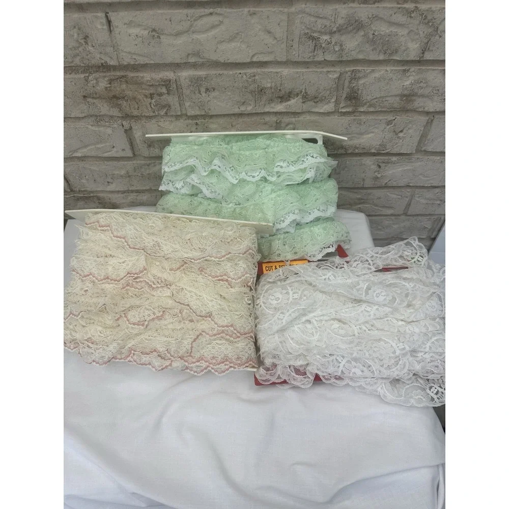 Lot 3 Vintage Lace Trim Eyelet Ruffle Sewing Craft Bulk Double Layer 30-40 Yards